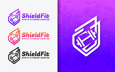 Modern minimalist logo combining shield and dumbbell, symbolizing strength and protection. Perfect for fitness brands, gym centers, and sports training businesses.