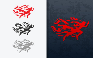 Abstract modern logo combining a running man and red fire, representing speed, energy, and passion. Ideal for sport, fitness, and athletic brand identity.
