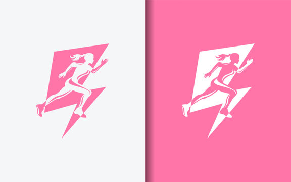 Minimalist logo combining thunderbolt and female runner in pink color. Perfect for women&rsquo;s athletic brands, fitness, speed, and energetic sport lifestyle identity.