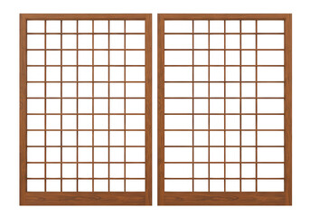 Two wooden windows with square grids isolated on transparent background. use cases: architecture.