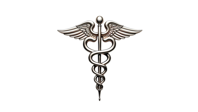 A silver caduceus medical symbol isolated on transparent background