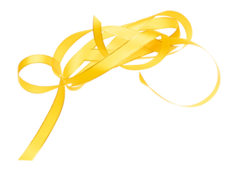 Gold Yellow ribbon long straight fly in air with curve roll shiny. Golden yellow ribbon for present gift birthday party to wrap around decorate and curl curve long straight. White background isolated