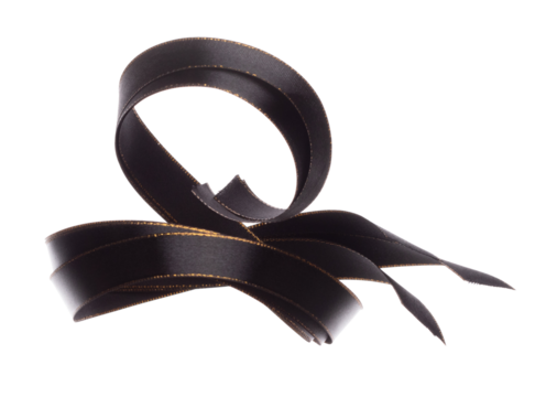 Black ribbon long straight fly in air with curve roll shiny. Black ribbon for present gift birthday party to wrap around decorate and curl curve long straight. White background isolated