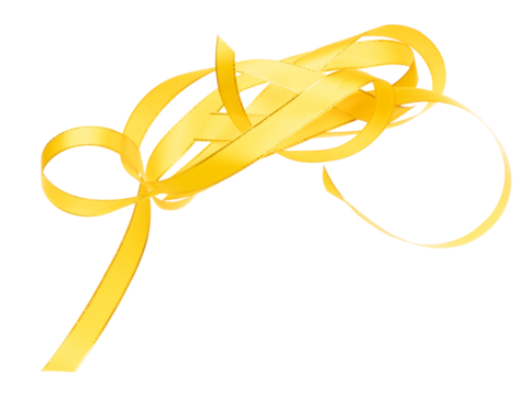Gold Yellow ribbon long straight fly in air with curve roll shiny. Golden yellow ribbon for present gift birthday party to wrap around decorate and curl curve long straight. White background isolated