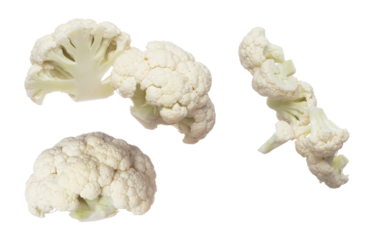 Cauliflower fly in mid air, green fresh vegetable cauliflower falling. Organic fresh vegetable with eaten leaf of cauliflower, close up texture. White background isolated freeze motion high speed