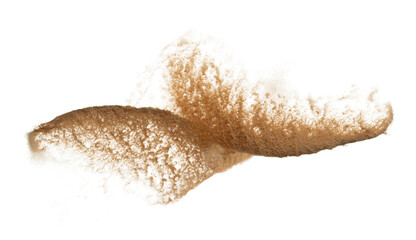 Abstract cloud fly. Yellow colored sand splash throwing curve circle in Air. Golden grain wave...