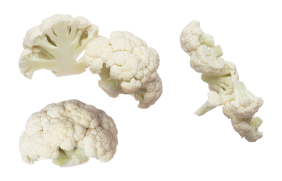 Cauliflower fly in mid air, green fresh vegetable cauliflower falling. Organic fresh vegetable with eaten leaf of cauliflower, close up texture. White background isolated freeze motion high speed
