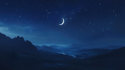 A peaceful starry night sky with a crescent moon shining over a quiet landscape,