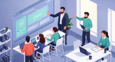 Team of Professionals Collaborating in Modern Office with Digital Ai Scheduling Presentation