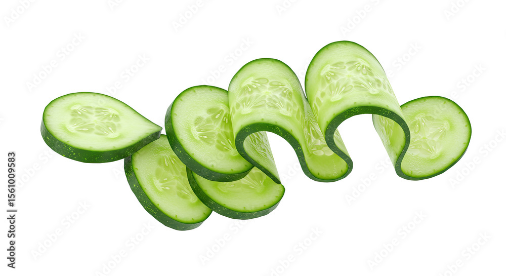 Poster Fresh cucumber slices arranged in a spiral pattern against black background
