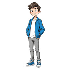 Smiling thin young boy in casual outfit standing confidently on transparent background 