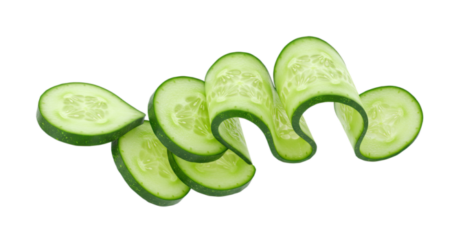 Fresh cucumber slices arranged in a spiral pattern against black background