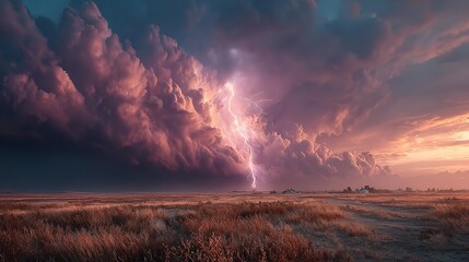 Fototapeta premium Lightning Storm Over Field in Roswell, New Mexico – Dramatic Weather Scene.
