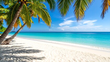 Fototapeta premium Tropical Paradise: Idyllic Beach Scene with Lush Palm Trees and Turquoise Waters