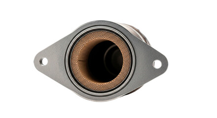 Close-up of a catalytic converter, highlighting its internal honeycomb structure.