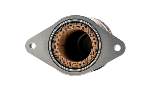 Close-up of a catalytic converter, highlighting its internal honeycomb structure.