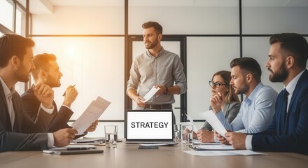 Business Meeting with Male Presenter and Team Discussing Strategy in Modern Conference Room