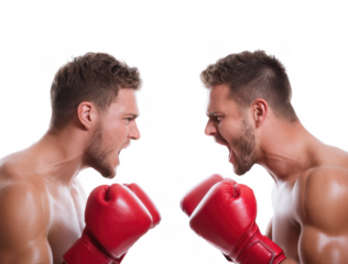 Two muscular boxers face each other. intensely shouting while wearing red boxing gloves. set against a plain white background. capturing the energy of competition and readiness for a match