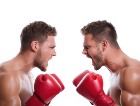 Two muscular boxers face each other. intensely shouting while wearing red boxing gloves. set against a plain white background. capturing the energy of competition and readiness for a match