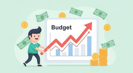 Businessman Presenting Growing Budget Graph in Modern Office with Money Symbols