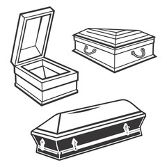 Black and white coffin icons with handles and open lid casket funeral
