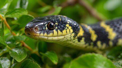 Fototapeta premium Close-up of a black and yellow snake, its head partially visible amongst green leaves, showcasing its intricate scale pattern.