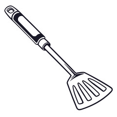 Black and white kitchen spatula with slotted head and hanging hole kitchen utensil