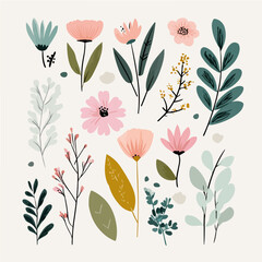 Plant leaves and flower textures, exquisite vector floral patterns.