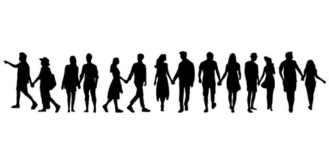 Silhouettes of couples holding hands and walking together