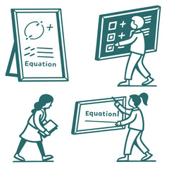 People teaching and learning math equations on chalkboards education
