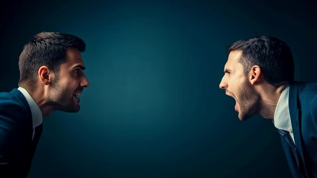 Two men in suits facing each other with intense expressions. One has dark hair and a beard, the other has short light hair. The background is dark blue.