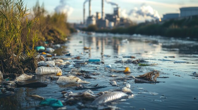 A polluted river filled with plastic waste and dead fish floating on the surface,