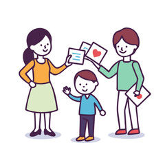 Family receiving handmade cards children parents