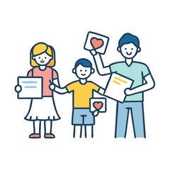 Family receiving handmade cards with hearts children parents