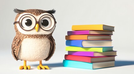Obraz premium A cartoon owl wearing glasses stands by colorful stacked books