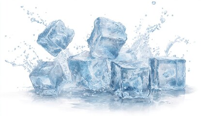 Fresh ice cubes vector, cold splash, isolated on white, transparent PNG, frozen water, realistic cool effect, melting ice, chilled beverage element, refreshing frost, clear icy texture. High quality