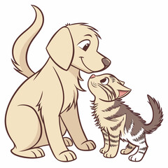 Adorable golden dog and tabby kitten interaction puppy animal