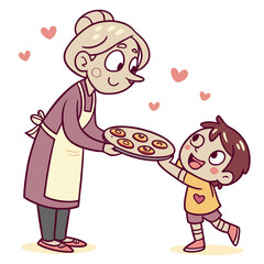 Grandmother sharing freshly baked cookies with excited child baking
