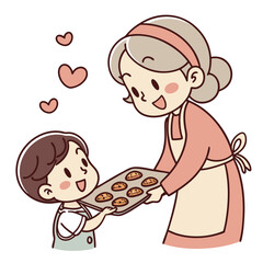 Happy grandmother sharing freshly baked cookies with child cartoon baking
