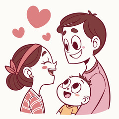 Happy family with baby and hearts mother father