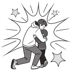 Father embracing child with comic explosion effect embrace love