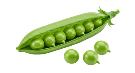 Fresh green peas in a pod with loose peas isolated on black background