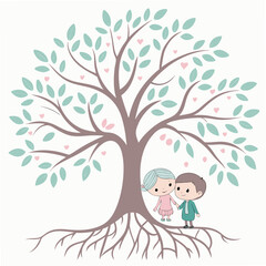 Family tree with children at the roots leaves hearts