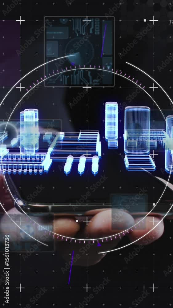 Poster animation of processor spinning and scope scanning over smartphone