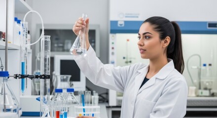 A diligent female scientist conducts a critical experiment in a modern well-equipped laboratory with various scientific instruments and glassware