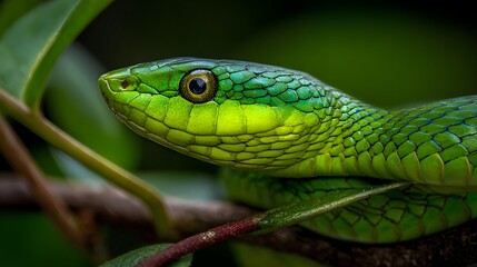 Fototapeta premium Striking close-up of a vibrant green snake resting among lush foliage, showcasing its intricate scale pattern and piercing golden eye.