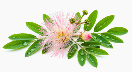 Pink Powder Puff Flower with Dew Drops Close-up Photography