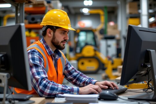 Focused male worker in safety gear using computer in a busy warehouse with machinery in the background - Powered by Adobe
