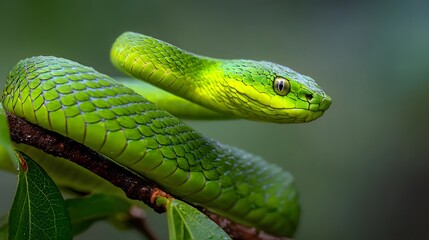 Obraz premium A vibrant green snake gracefully rests on a branch, its scales shimmering under the soft light. Close-up captures its watchful eye.