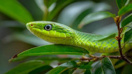 Fototapeta premium Vivid green snake rests on lush foliage, showcasing nature's intricate patterns and the animal's camouflage in its natural habitat.